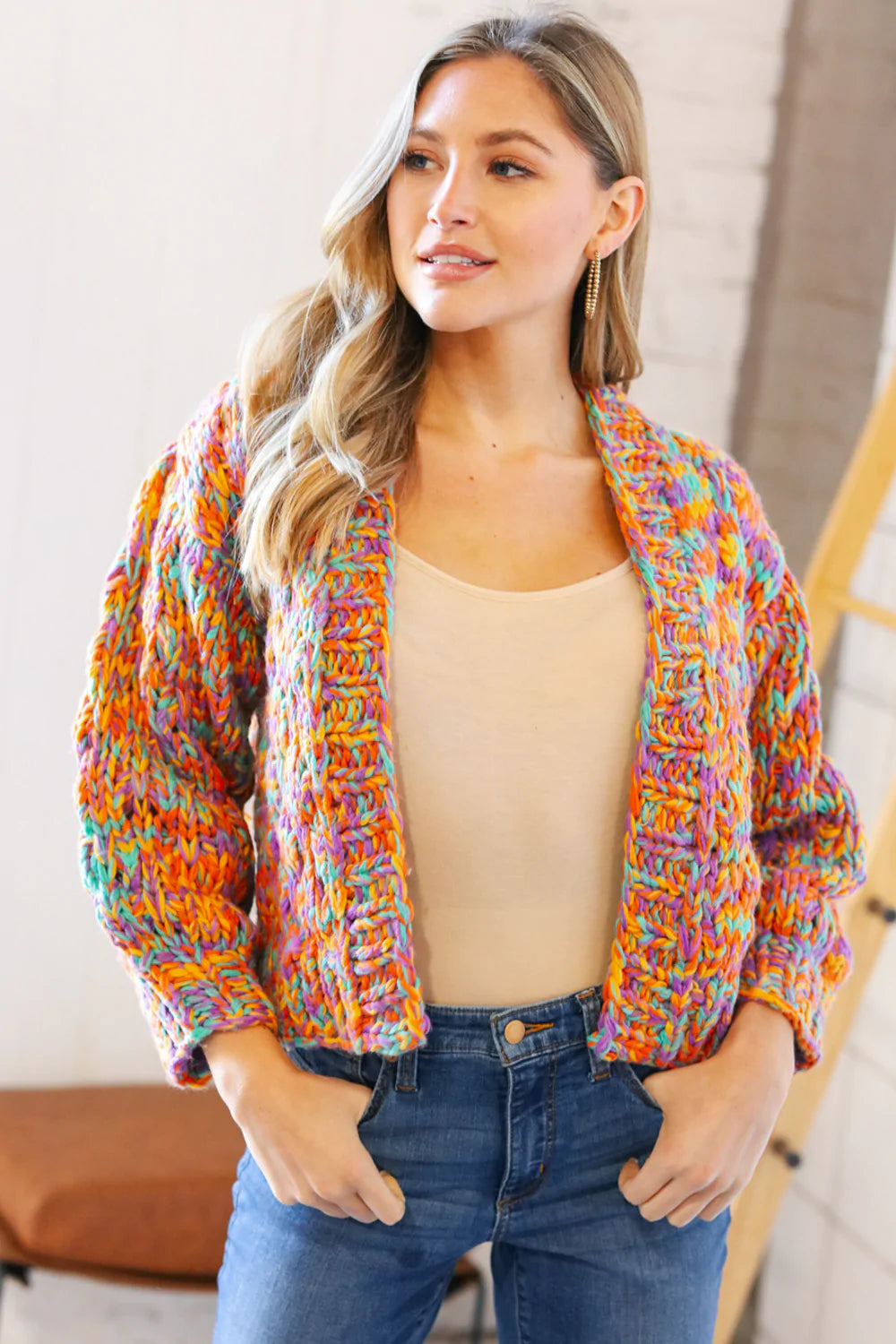 Multicolor Chunky Knit Cropped Open Cardigan