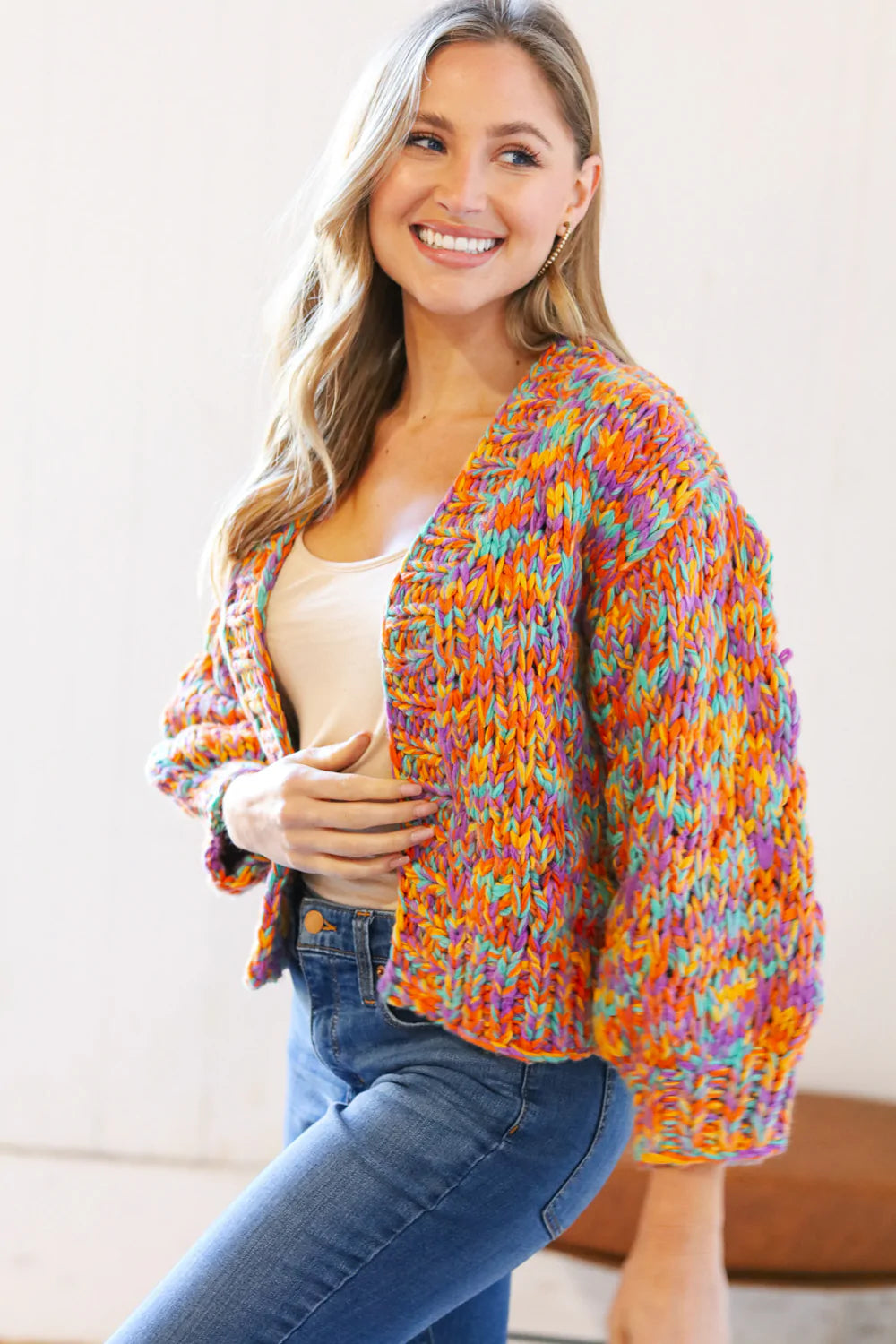 Multicolor Chunky Knit Cropped Open Cardigan