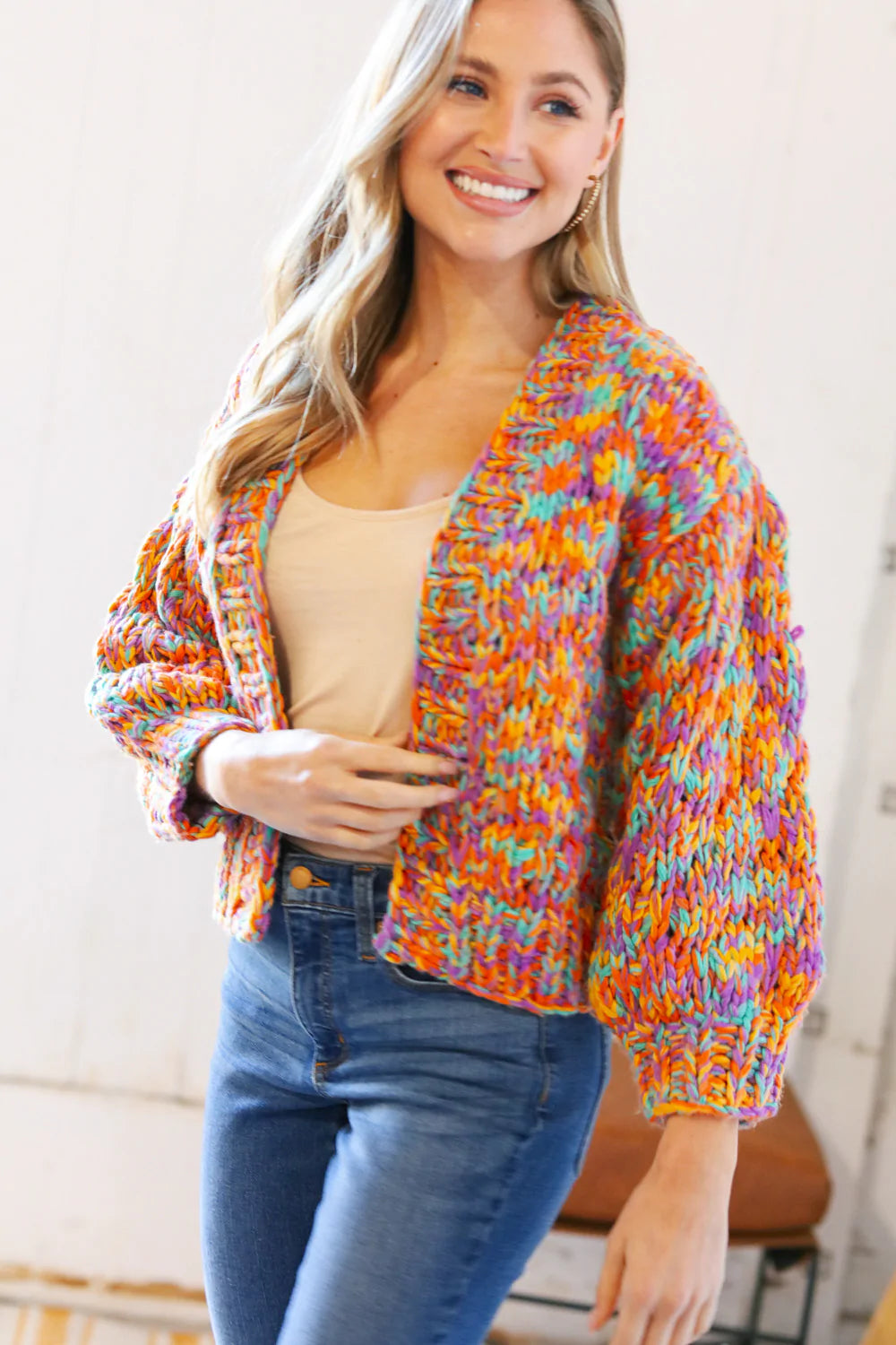 Multicolor Chunky Knit Cropped Open Cardigan