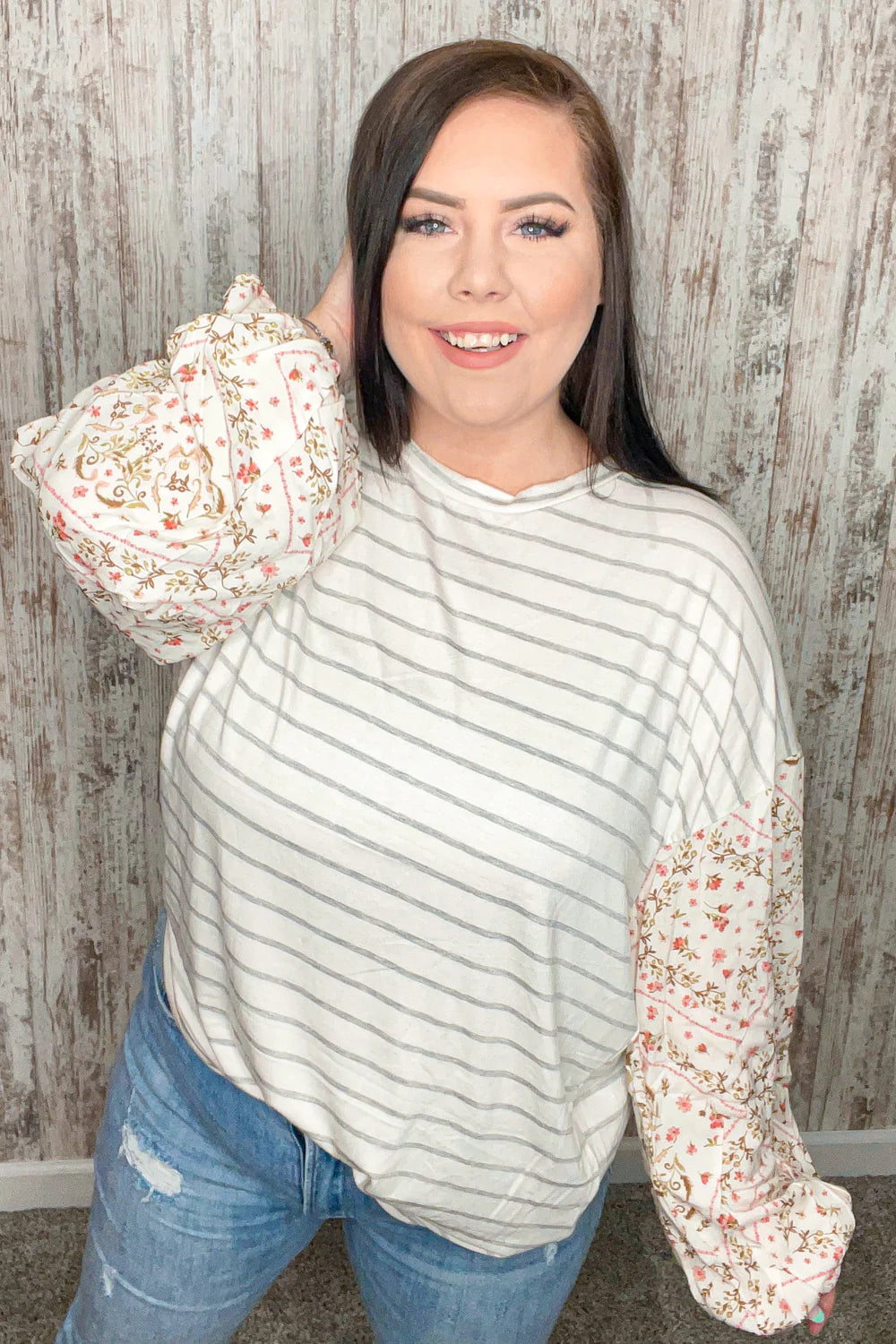 Stripe & Challis Floral Scarf Print Drop Sleeve Top