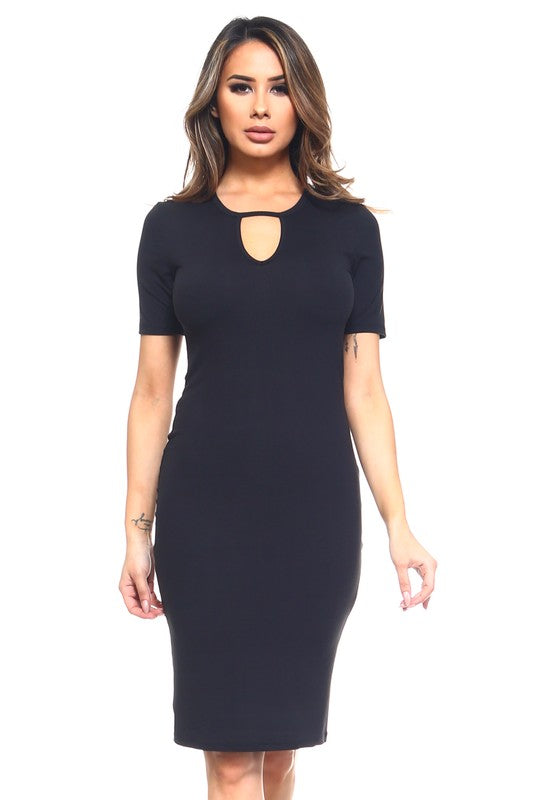 Short Sleeve Keyhole Midi Bodycon Dress